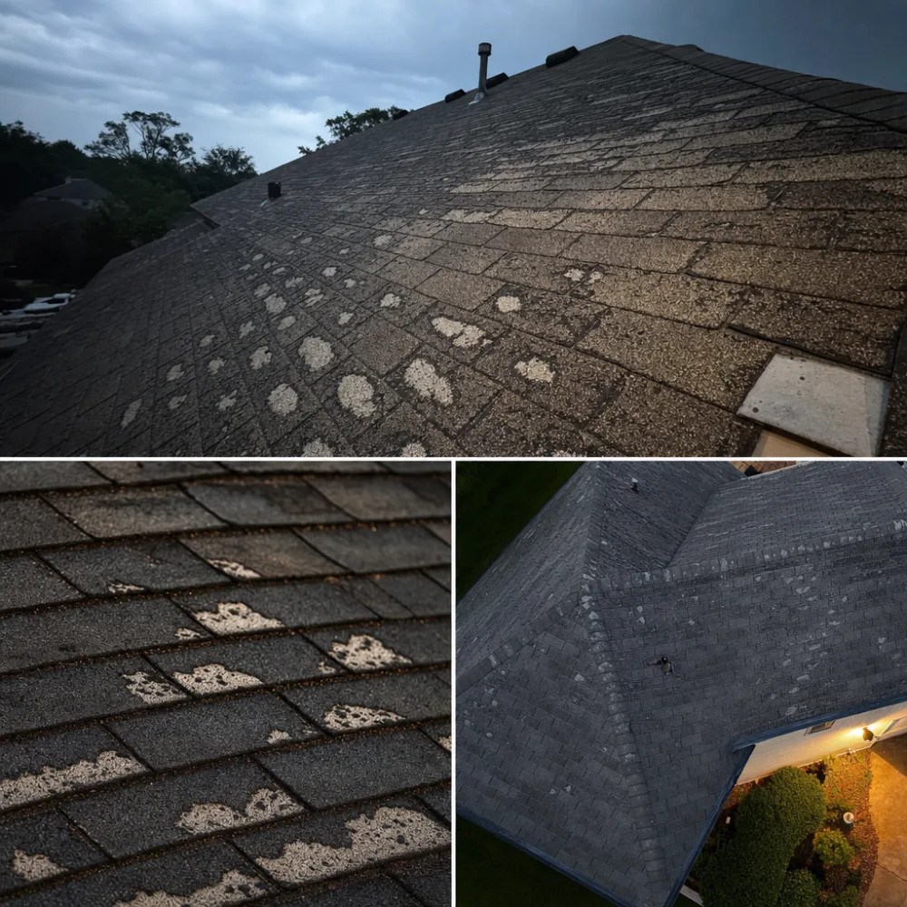 Hail-worn asphalt shingles with bruising and granule loss, photographed during inspection