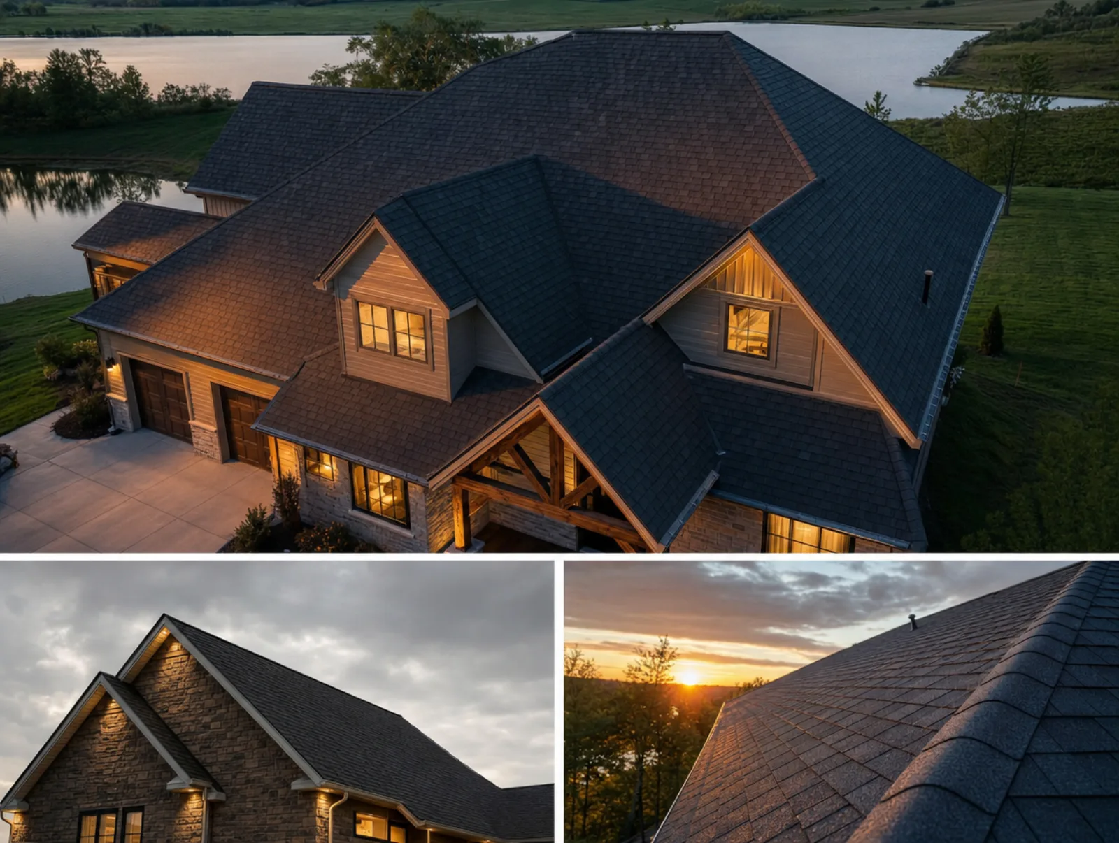 Finished roofline of a Parkville home in evening light after a full replacement