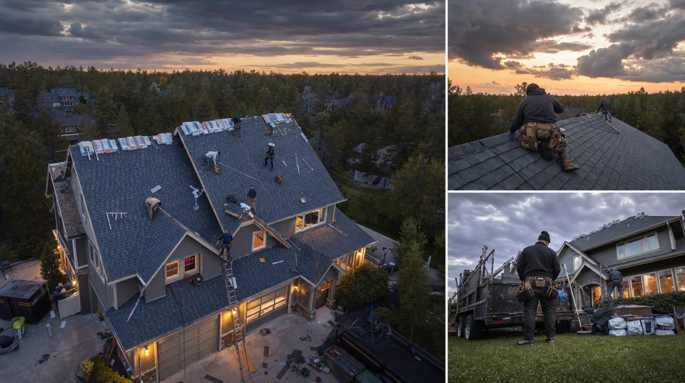 Roofing crew working on an asphalt shingle roof under a clearing storm sky