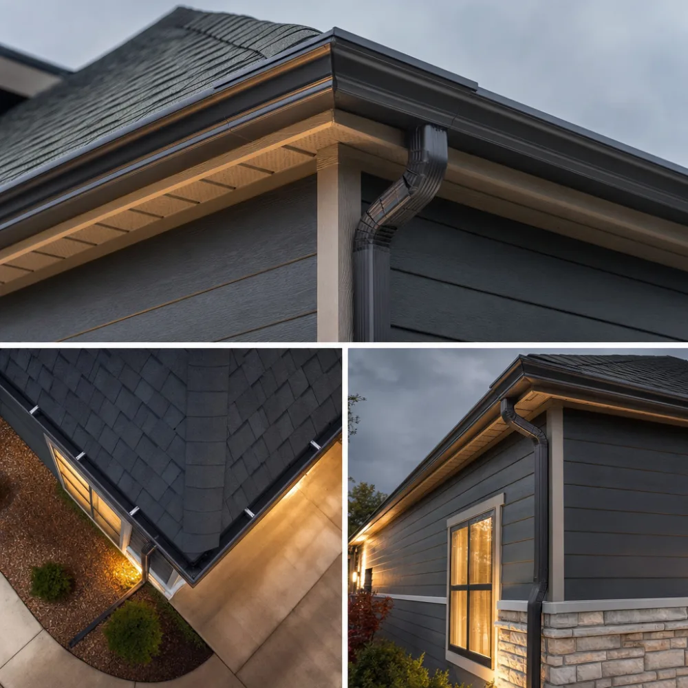 New seamless gutter corner detail on a residential roofline