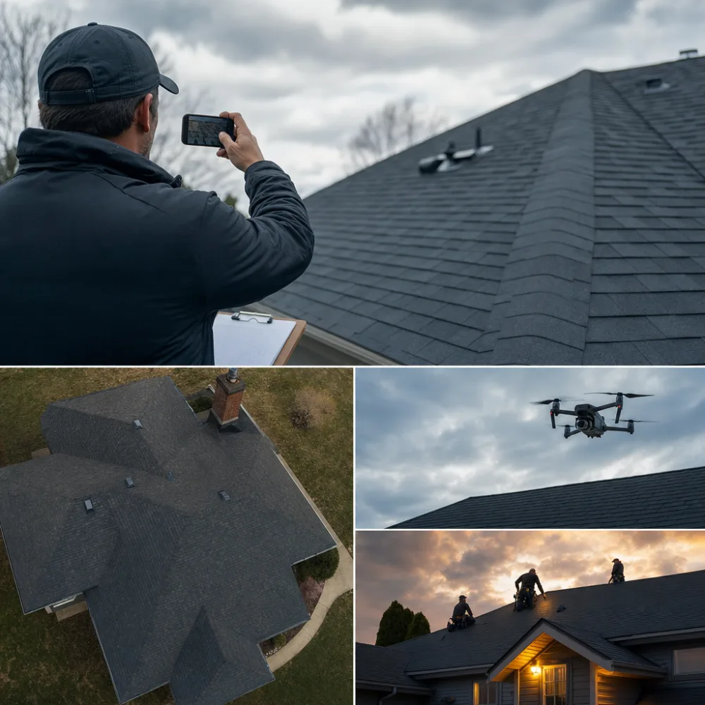 Ridgeline Roofing inspector photographing shingle damage on a residential roof