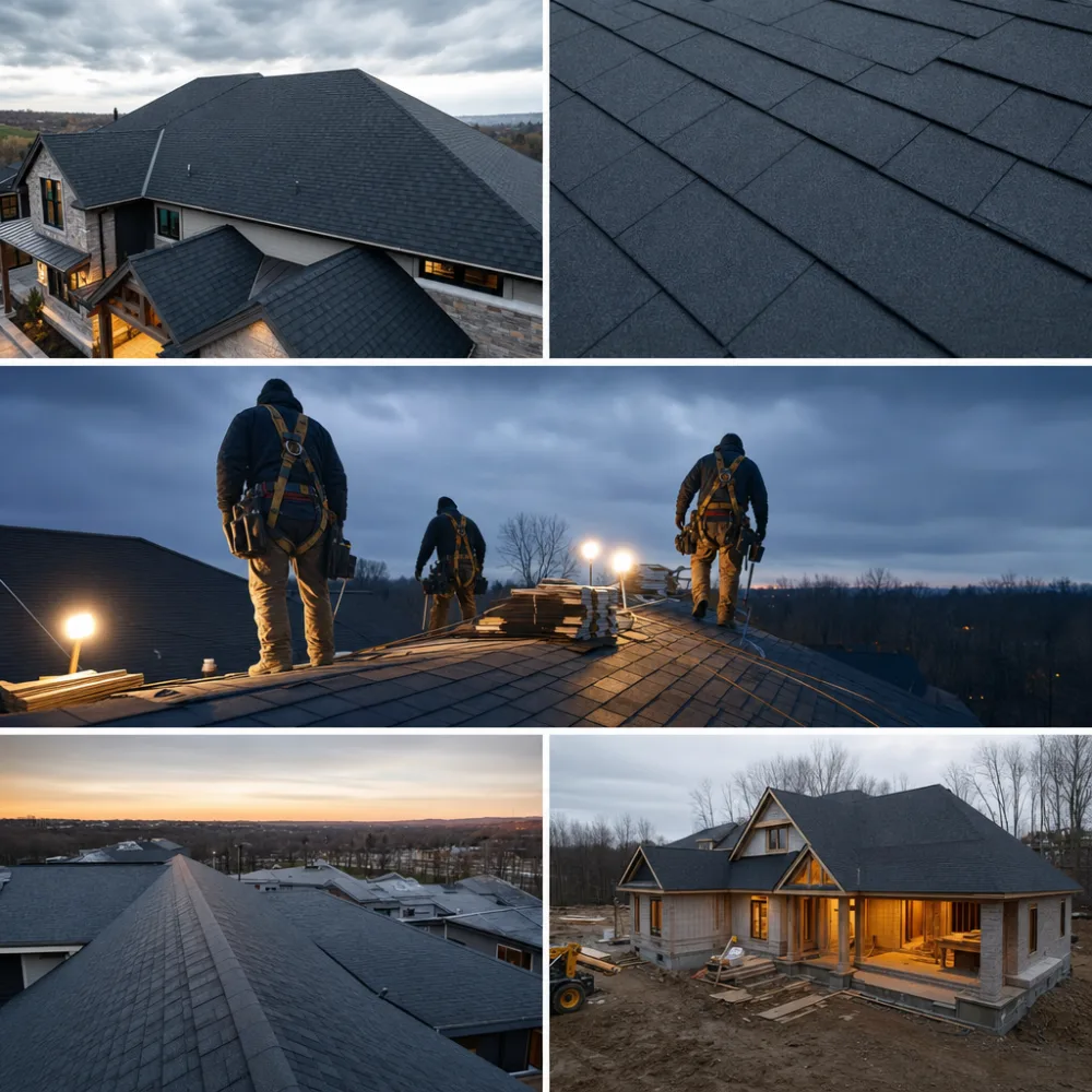 Newly installed architectural shingle roof field