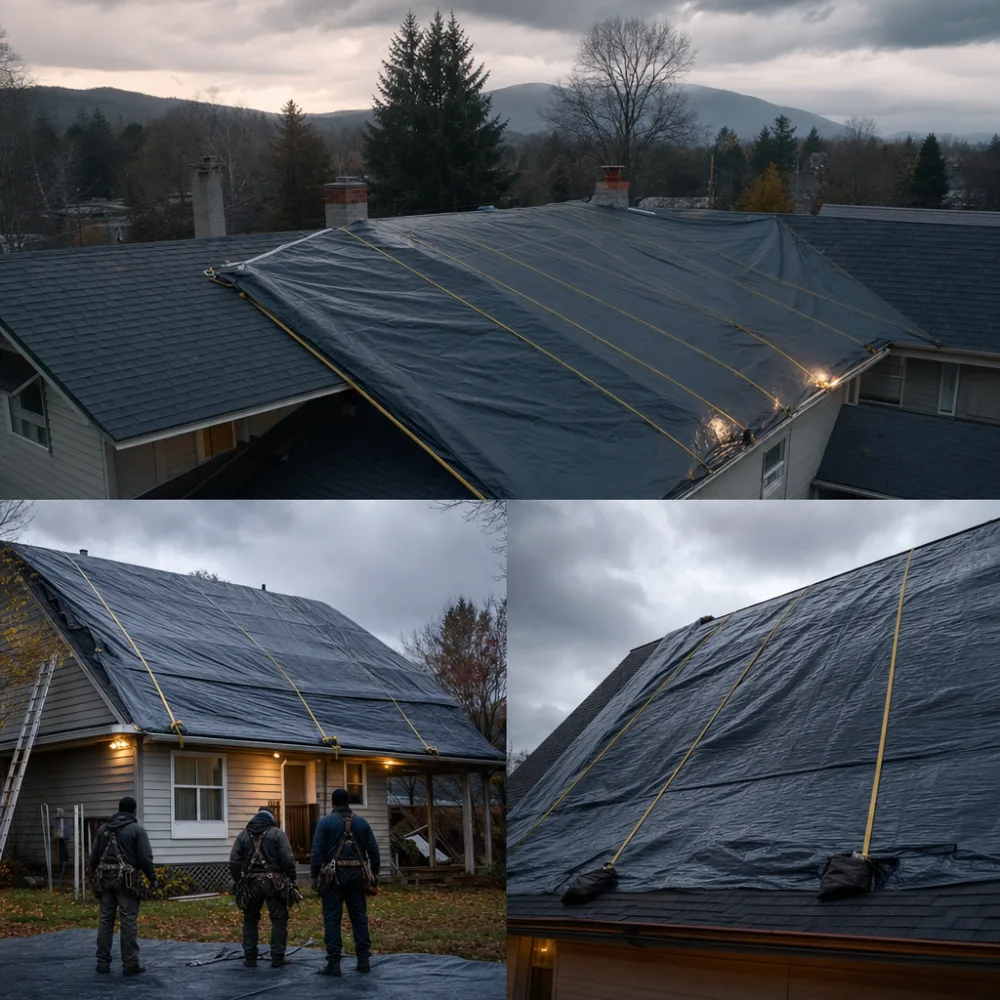 Roof section secured with an emergency tarp after storm damage